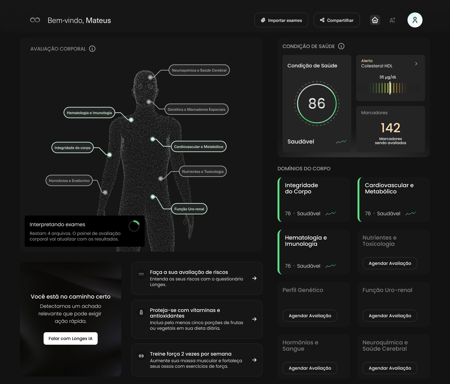 Painel da Longex mostrando condição de saúde, avaliação corporal e domínios